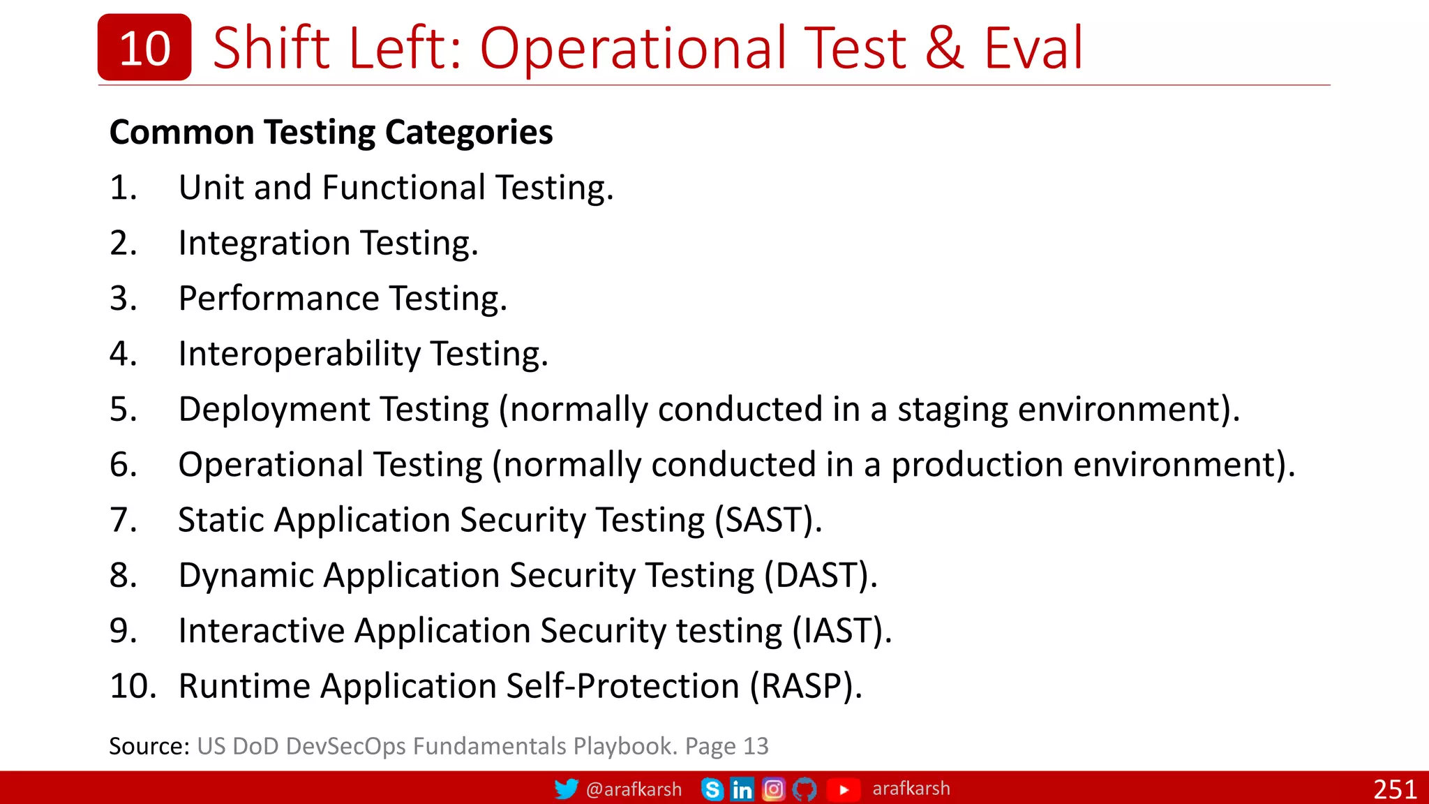 @arafkarsh arafkarsh
Shift Left: Operational Test & Eval
251
10
Common Testing Categories
1. Unit and Functional Testing.
2. Integration Testing.
3. Performance Testing.
4. Interoperability Testing.
5. Deployment Testing (normally conducted in a staging environment).
6. Operational Testing (normally conducted in a production environment).
7. Static Application Security Testing (SAST).
8. Dynamic Application Security Testing (DAST).
9. Interactive Application Security testing (IAST).
10. Runtime Application Self-Protection (RASP).
Source: US DoD DevSecOps Fundamentals Playbook. Page 13
 