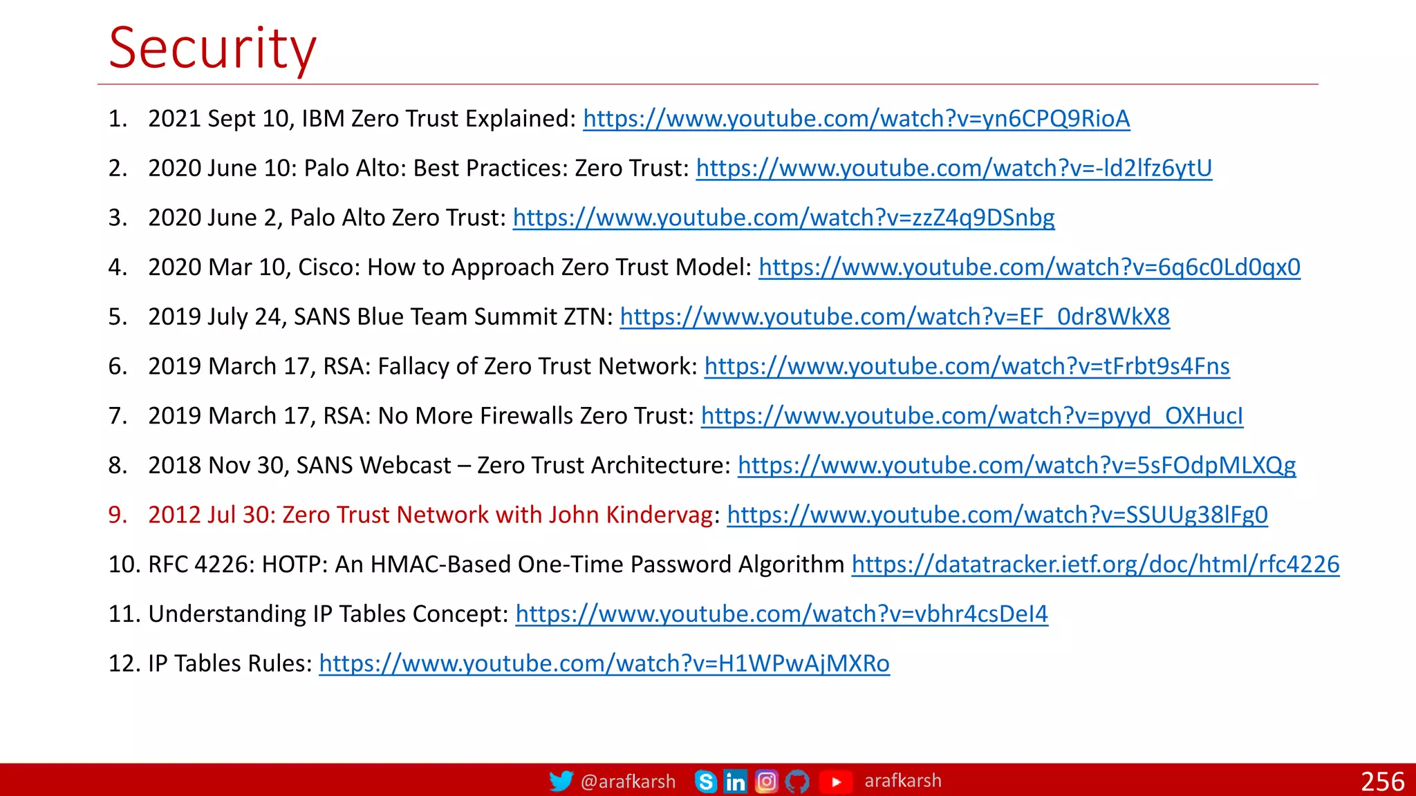 @arafkarsh arafkarsh
Security
256
1. 2021 Sept 10, IBM Zero Trust Explained: https://www.youtube.com/watch?v=yn6CPQ9RioA
2. 2020 June 10: Palo Alto: Best Practices: Zero Trust: https://www.youtube.com/watch?v=-ld2lfz6ytU
3. 2020 June 2, Palo Alto Zero Trust: https://www.youtube.com/watch?v=zzZ4q9DSnbg
4. 2020 Mar 10, Cisco: How to Approach Zero Trust Model: https://www.youtube.com/watch?v=6q6c0Ld0qx0
5. 2019 July 24, SANS Blue Team Summit ZTN: https://www.youtube.com/watch?v=EF_0dr8WkX8
6. 2019 March 17, RSA: Fallacy of Zero Trust Network: https://www.youtube.com/watch?v=tFrbt9s4Fns
7. 2019 March 17, RSA: No More Firewalls Zero Trust: https://www.youtube.com/watch?v=pyyd_OXHucI
8. 2018 Nov 30, SANS Webcast – Zero Trust Architecture: https://www.youtube.com/watch?v=5sFOdpMLXQg
9. 2012 Jul 30: Zero Trust Network with John Kindervag: https://www.youtube.com/watch?v=SSUUg38lFg0
10. RFC 4226: HOTP: An HMAC-Based One-Time Password Algorithm https://datatracker.ietf.org/doc/html/rfc4226
11. Understanding IP Tables Concept: https://www.youtube.com/watch?v=vbhr4csDeI4
12. IP Tables Rules: https://www.youtube.com/watch?v=H1WPwAjMXRo
 