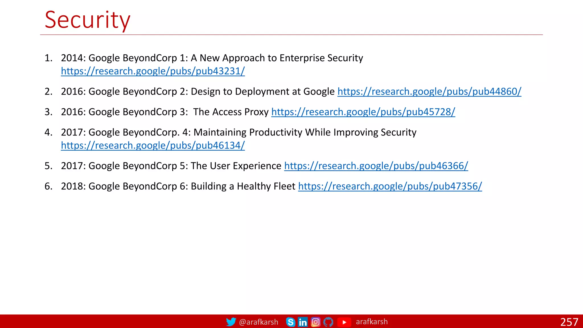 @arafkarsh arafkarsh
Security
257
1. 2014: Google BeyondCorp 1: A New Approach to Enterprise Security
https://research.google/pubs/pub43231/
2. 2016: Google BeyondCorp 2: Design to Deployment at Google https://research.google/pubs/pub44860/
3. 2016: Google BeyondCorp 3: The Access Proxy https://research.google/pubs/pub45728/
4. 2017: Google BeyondCorp. 4: Maintaining Productivity While Improving Security
https://research.google/pubs/pub46134/
5. 2017: Google BeyondCorp 5: The User Experience https://research.google/pubs/pub46366/
6. 2018: Google BeyondCorp 6: Building a Healthy Fleet https://research.google/pubs/pub47356/
 