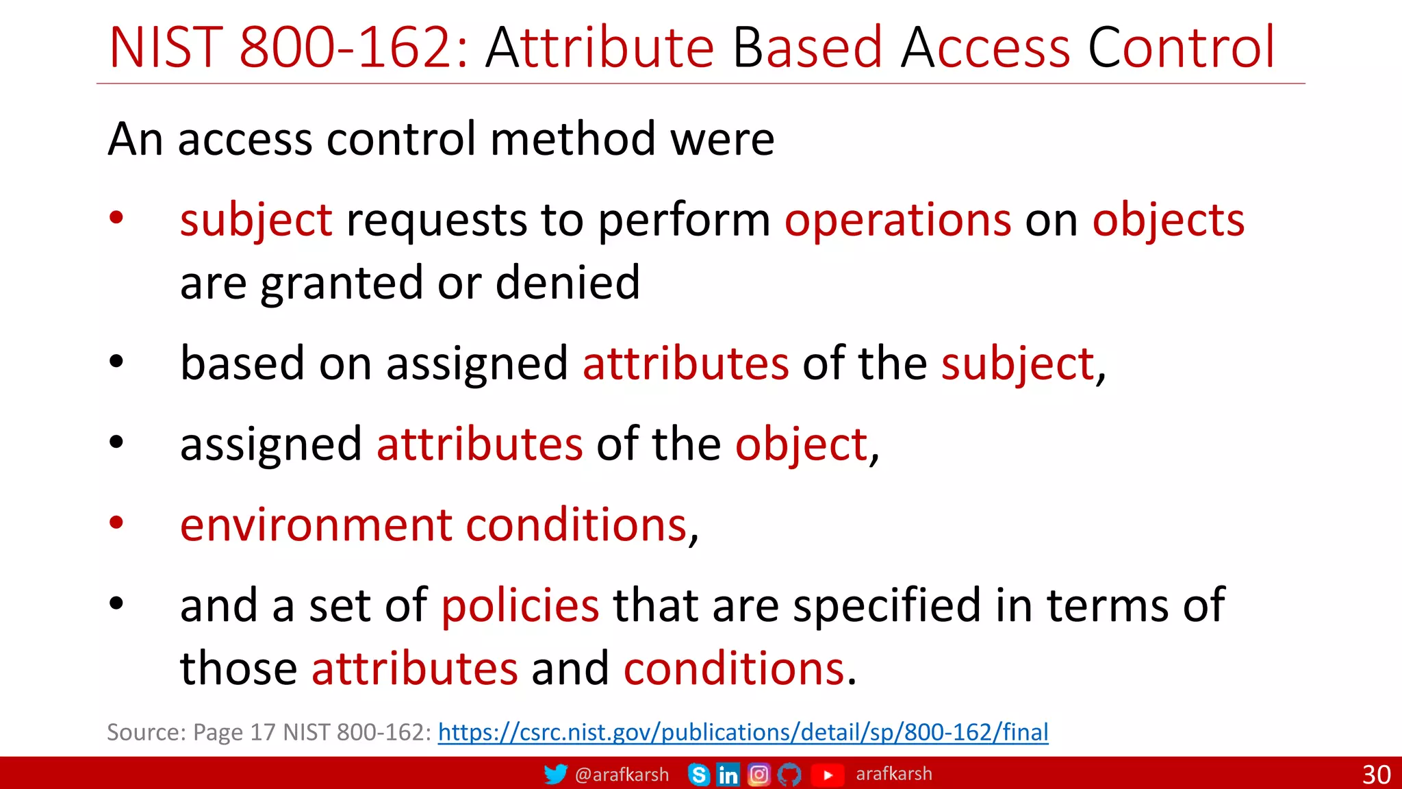 @arafkarsh arafkarsh
NIST 800-162: Attribute Based Access Control
30
Source: Page 17 NIST 800-162: https://csrc.nist.gov/publications/detail/sp/800-162/final
An access control method were
• subject requests to perform operations on objects
are granted or denied
• based on assigned attributes of the subject,
• assigned attributes of the object,
• environment conditions,
• and a set of policies that are specified in terms of
those attributes and conditions.
 