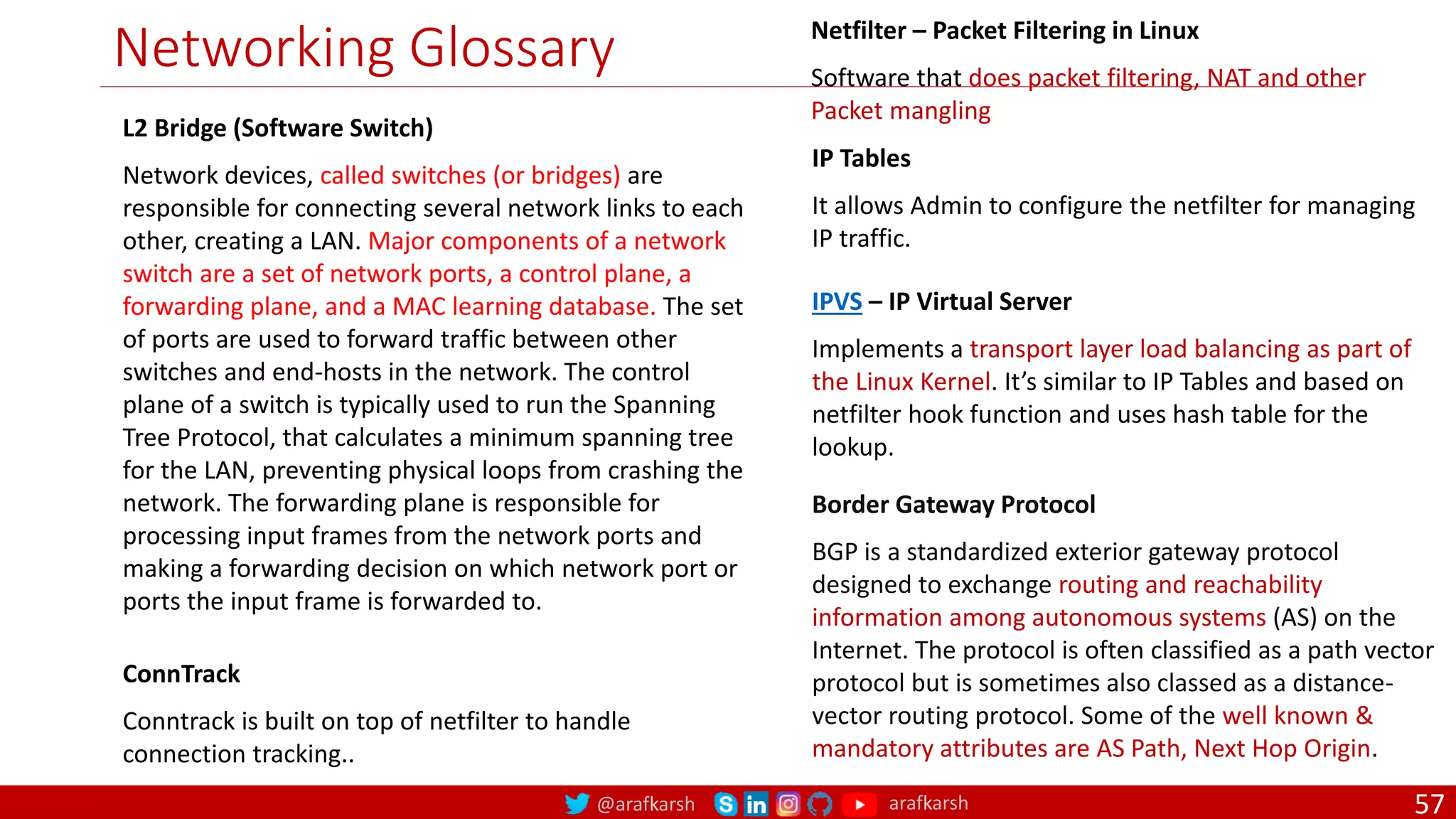 @arafkarsh arafkarsh
Networking Glossary Netfilter – Packet Filtering in Linux
Software that does packet filtering, NAT and other
Packet mangling
IP Tables
It allows Admin to configure the netfilter for managing
IP traffic.
ConnTrack
Conntrack is built on top of netfilter to handle
connection tracking..
IPVS – IP Virtual Server
Implements a transport layer load balancing as part of
the Linux Kernel. It’s similar to IP Tables and based on
netfilter hook function and uses hash table for the
lookup.
Border Gateway Protocol
BGP is a standardized exterior gateway protocol
designed to exchange routing and reachability
information among autonomous systems (AS) on the
Internet. The protocol is often classified as a path vector
protocol but is sometimes also classed as a distance-
vector routing protocol. Some of the well known &
mandatory attributes are AS Path, Next Hop Origin.
L2 Bridge (Software Switch)
Network devices, called switches (or bridges) are
responsible for connecting several network links to each
other, creating a LAN. Major components of a network
switch are a set of network ports, a control plane, a
forwarding plane, and a MAC learning database. The set
of ports are used to forward traffic between other
switches and end-hosts in the network. The control
plane of a switch is typically used to run the Spanning
Tree Protocol, that calculates a minimum spanning tree
for the LAN, preventing physical loops from crashing the
network. The forwarding plane is responsible for
processing input frames from the network ports and
making a forwarding decision on which network port or
ports the input frame is forwarded to.
57
 