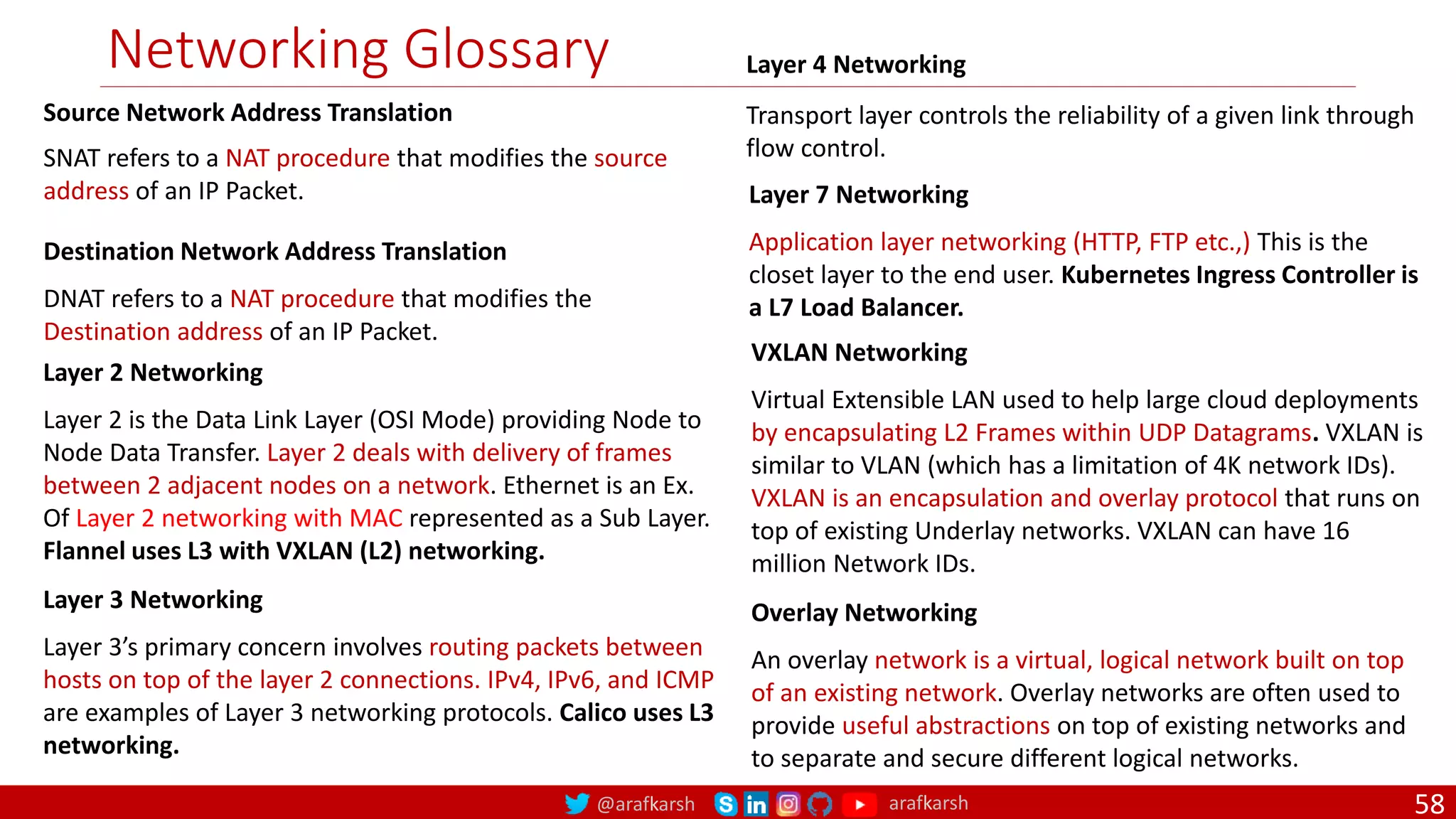 @arafkarsh arafkarsh
Networking Glossary
Layer 2 Networking
Layer 2 is the Data Link Layer (OSI Mode) providing Node to
Node Data Transfer. Layer 2 deals with delivery of frames
between 2 adjacent nodes on a network. Ethernet is an Ex.
Of Layer 2 networking with MAC represented as a Sub Layer.
Flannel uses L3 with VXLAN (L2) networking.
Layer 4 Networking
Transport layer controls the reliability of a given link through
flow control.
Layer 7 Networking
Application layer networking (HTTP, FTP etc.,) This is the
closet layer to the end user. Kubernetes Ingress Controller is
a L7 Load Balancer.
Layer 3 Networking
Layer 3’s primary concern involves routing packets between
hosts on top of the layer 2 connections. IPv4, IPv6, and ICMP
are examples of Layer 3 networking protocols. Calico uses L3
networking.
VXLAN Networking
Virtual Extensible LAN used to help large cloud deployments
by encapsulating L2 Frames within UDP Datagrams. VXLAN is
similar to VLAN (which has a limitation of 4K network IDs).
VXLAN is an encapsulation and overlay protocol that runs on
top of existing Underlay networks. VXLAN can have 16
million Network IDs.
Overlay Networking
An overlay network is a virtual, logical network built on top
of an existing network. Overlay networks are often used to
provide useful abstractions on top of existing networks and
to separate and secure different logical networks.
Source Network Address Translation
SNAT refers to a NAT procedure that modifies the source
address of an IP Packet.
Destination Network Address Translation
DNAT refers to a NAT procedure that modifies the
Destination address of an IP Packet.
58
 