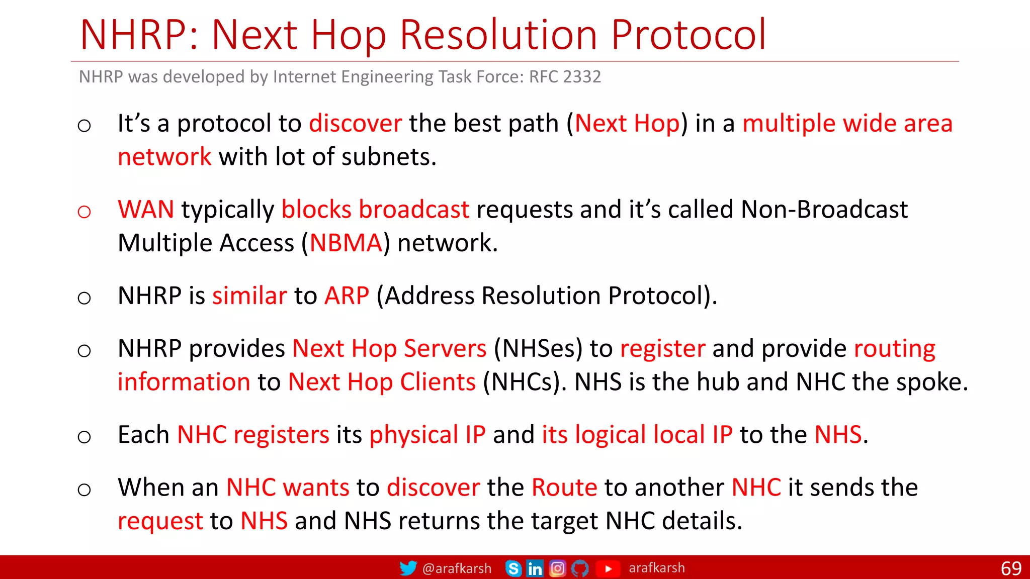 @arafkarsh arafkarsh
NHRP: Next Hop Resolution Protocol
69
o It’s a protocol to discover the best path (Next Hop) in a multiple wide area
network with lot of subnets.
o WAN typically blocks broadcast requests and it’s called Non-Broadcast
Multiple Access (NBMA) network.
o NHRP is similar to ARP (Address Resolution Protocol).
o NHRP provides Next Hop Servers (NHSes) to register and provide routing
information to Next Hop Clients (NHCs). NHS is the hub and NHC the spoke.
o Each NHC registers its physical IP and its logical local IP to the NHS.
o When an NHC wants to discover the Route to another NHC it sends the
request to NHS and NHS returns the target NHC details.
NHRP was developed by Internet Engineering Task Force: RFC 2332
 