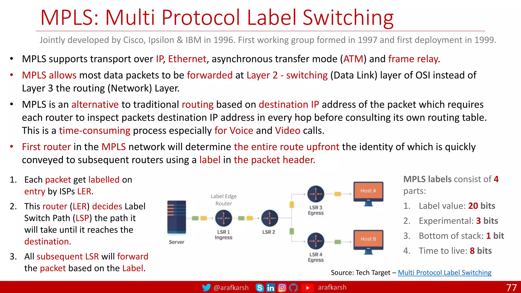 @arafkarsh arafkarsh
MPLS: Multi Protocol Label Switching
77
Jointly developed by Cisco, Ipsilon & IBM in 1996. First working group formed in 1997 and first deployment in 1999.
• MPLS supports transport over IP, Ethernet, asynchronous transfer mode (ATM) and frame relay.
• MPLS allows most data packets to be forwarded at Layer 2 - switching (Data Link) layer of OSI instead of
Layer 3 the routing (Network) Layer.
• MPLS is an alternative to traditional routing based on destination IP address of the packet which requires
each router to inspect packets destination IP address in every hop before consulting its own routing table.
This is a time-consuming process especially for Voice and Video calls.
• First router in the MPLS network will determine the entire route upfront the identity of which is quickly
conveyed to subsequent routers using a label in the packet header.
MPLS labels consist of 4
parts:
1. Label value: 20 bits
2. Experimental: 3 bits
3. Bottom of stack: 1 bit
4. Time to live: 8 bits
Source: Tech Target – Multi Protocol Label Switching
Label Edge
Router
1. Each packet get labelled on
entry by ISPs LER.
2. This router (LER) decides Label
Switch Path (LSP) the path it
will take until it reaches the
destination.
3. All subsequent LSR will forward
the packet based on the Label.
 