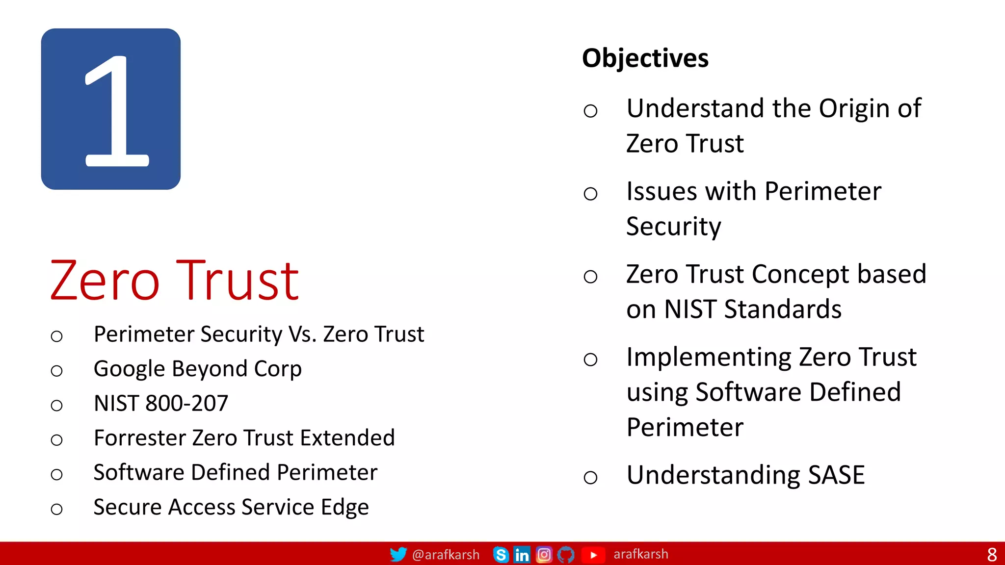 @arafkarsh arafkarsh
1
Zero Trust
o Perimeter Security Vs. Zero Trust
o Google Beyond Corp
o NIST 800-207
o Forrester Zero Trust Extended
o Software Defined Perimeter
o Secure Access Service Edge
8
o Understand the Origin of
Zero Trust
o Issues with Perimeter
Security
o Zero Trust Concept based
on NIST Standards
o Implementing Zero Trust
using Software Defined
Perimeter
o Understanding SASE
Objectives
 