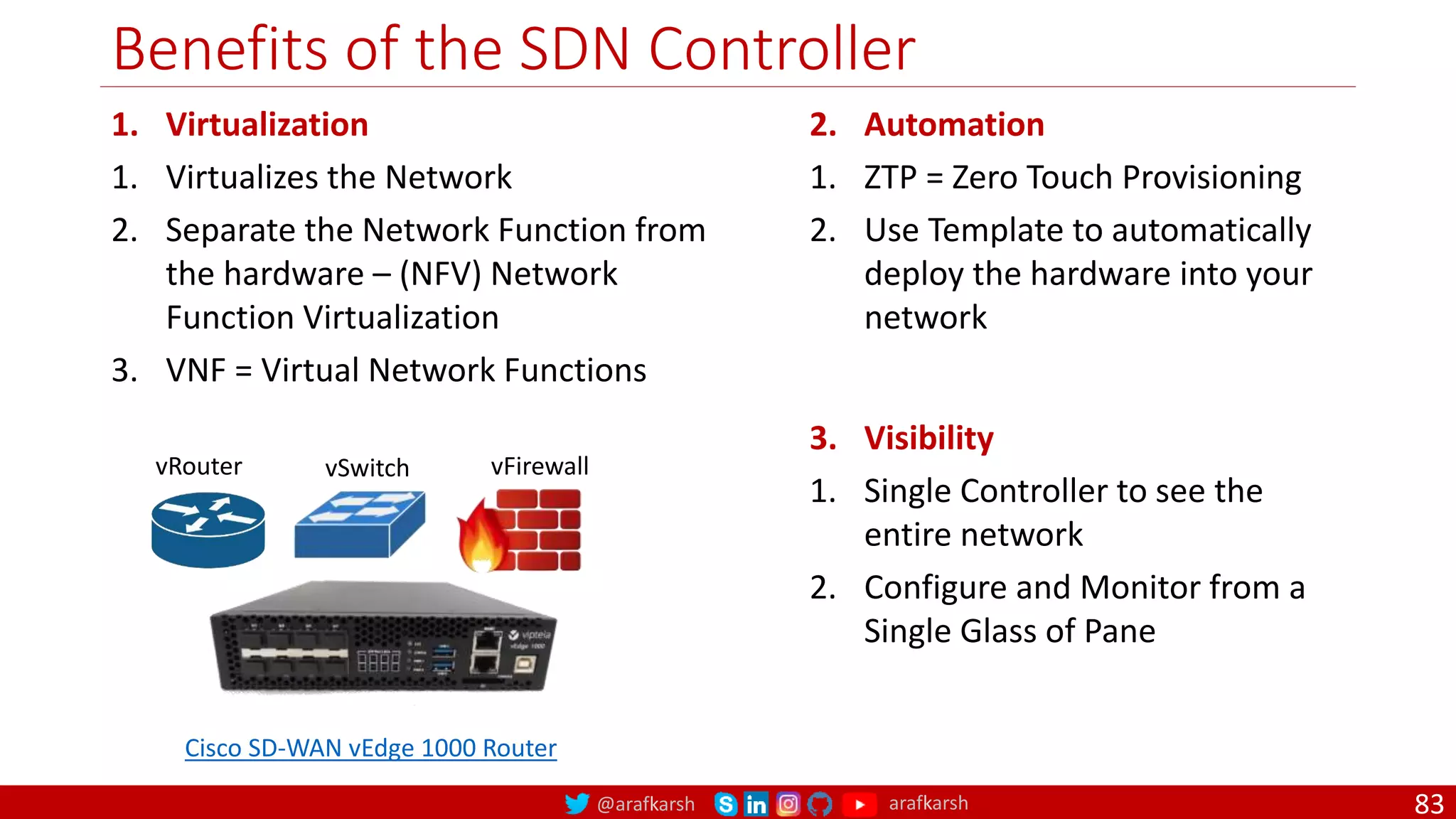 @arafkarsh arafkarsh
Benefits of the SDN Controller
83
1. Virtualization
1. Virtualizes the Network
2. Separate the Network Function from
the hardware – (NFV) Network
Function Virtualization
3. VNF = Virtual Network Functions
vRouter vSwitch vFirewall
Cisco SD-WAN vEdge 1000 Router
2. Automation
1. ZTP = Zero Touch Provisioning
2. Use Template to automatically
deploy the hardware into your
network
3. Visibility
1. Single Controller to see the
entire network
2. Configure and Monitor from a
Single Glass of Pane
 