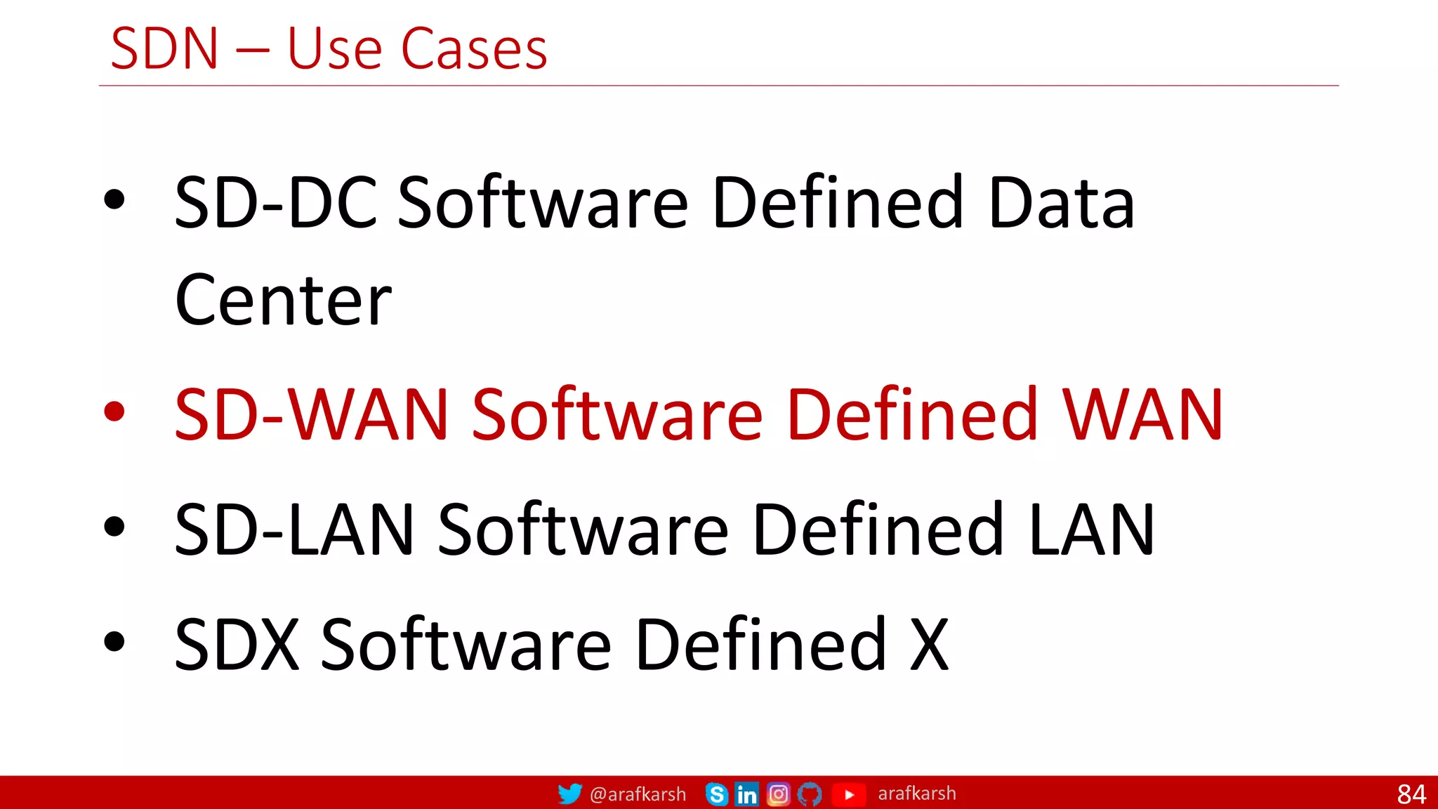 @arafkarsh arafkarsh
SDN – Use Cases
84
• SD-DC Software Defined Data
Center
• SD-WAN Software Defined WAN
• SD-LAN Software Defined LAN
• SDX Software Defined X
 