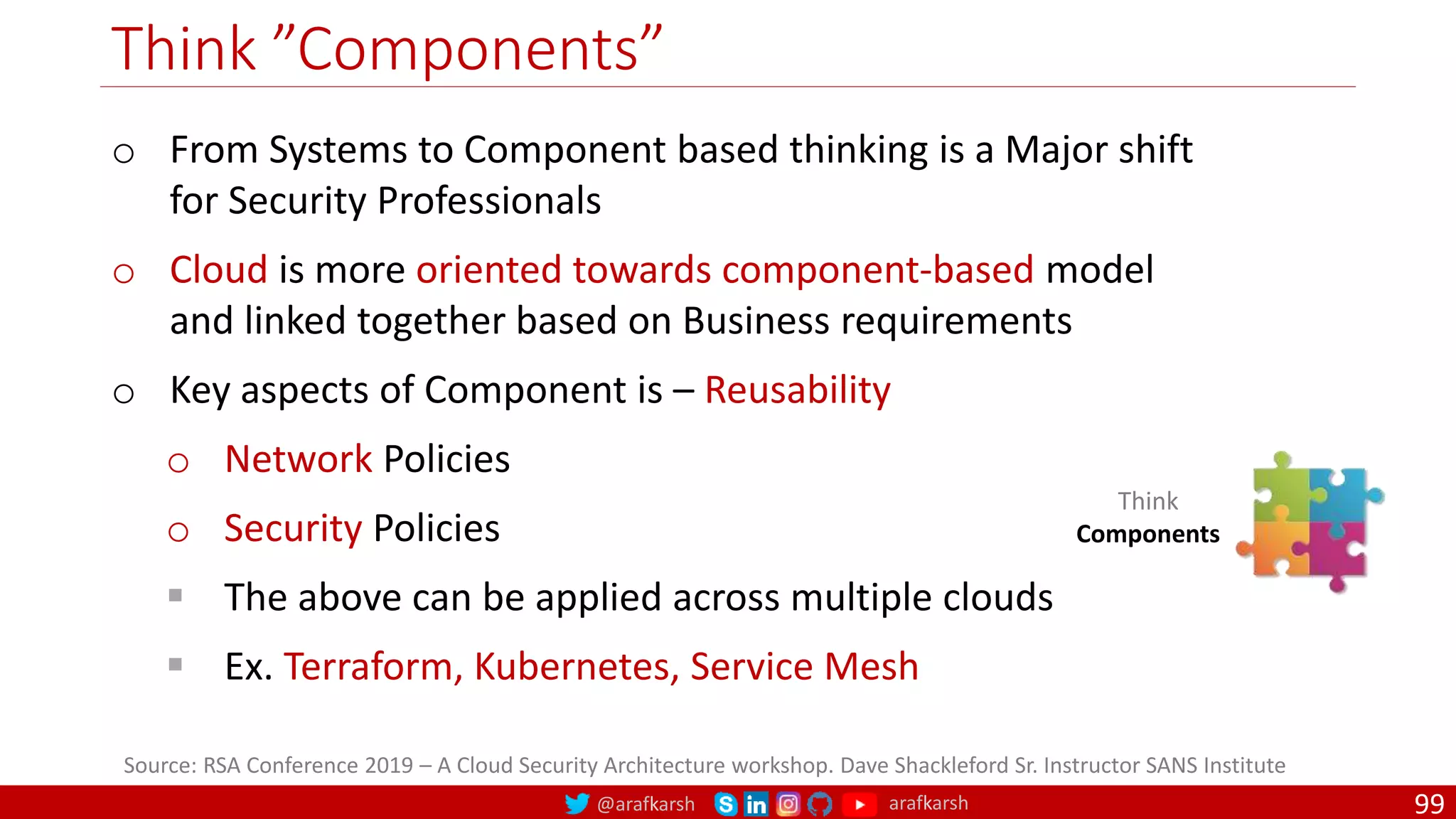 @arafkarsh arafkarsh
Think ”Components”
99
Source: RSA Conference 2019 – A Cloud Security Architecture workshop. Dave Shackleford Sr. Instructor SANS Institute
Think
Components
o From Systems to Component based thinking is a Major shift
for Security Professionals
o Cloud is more oriented towards component-based model
and linked together based on Business requirements
o Key aspects of Component is – Reusability
o Network Policies
o Security Policies
 The above can be applied across multiple clouds
 Ex. Terraform, Kubernetes, Service Mesh
 
