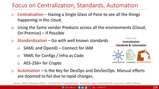 @arafkarsh arafkarsh
Focus on Centralization, Standards, Automation
104
Source: RSA Conference 2019 – A Cloud Security Architecture workshop. Dave Shackleford Sr. Instructor SANS Institute
o Centralization – Having a Single Glass of Pane to see all the things
happening in the cloud.
o Using the Same vendor Products across all the environments (Cloud,
On-Premise) – If Possible
o Standardization – Go with well known standards
o SAML and OpenID – Connect for IAM
o YAML for Configs / Infra as Code
o AES-256+ for Crypto
o Automation – Is the Key for DevOps and DevSecOps. Manual efforts
are doomed to fail due to rapid changes.
CENTRALIZATION
Focus on
Centralization
Standards & Automation
 