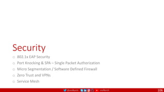 @arafkarsh arafkarsh
Security
o 802.1x EAP Security
o Port Knocking & SPA – Single Packet Authorization
o Micro Segmentation / Software Defined Firewall
o Zero Trust and VPNs
o Service Mesh
106
 
