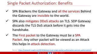 @arafkarsh arafkarsh
Single Packet Authorization: Benefits
111
 SPA Blackens the Gateway and all the services Behind
the Gateway are invisible to the world.
 SPA also mitigates DDoS attacks on TLS. SDP Gateway
discards the TLS DoS attack before it gets into the
handshake.
 The First packet to the Gateway must be a SPA
Packet. Any other packet will be viewed as an Attack
this helps in attack detection.
Source: https://network-insight.net/2019/06/zero-trust-single-packet-authorization-passive-authorization/
 