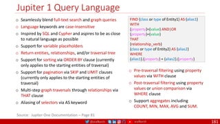 @arafkarsh arafkarsh
Jupiter 1 Query Language
181
FIND {class or type of Entity1} AS {alias1}
WITH
{property}={value} AND|OR
{property}={value}
THAT
{relationship_verb}
{class or type of Entity2} AS {alias2}
WHERE
{alias1}.{property} = {alias2}.{property}
o Seamlessly blend full-text search and graph queries
o Language keywords are case-insensitive
o Inspired by SQL and Cypher and aspires to be as close
to natural language as possible
o Support for variable placeholders
o Return entities, relationships, and/or traversal tree
o Support for sorting via ORDER BY clause (currently
only applies to the starting entities of traversal)
o Support for pagination via SKIP and LIMIT clauses
(currently only applies to the starting entities of
traversal)
o Multi-step graph traversals through relationships via
THAT clause
o Aliasing of selectors via AS keyword
o Pre-traversal filtering using property
values via WITH clause
o Post-traversal filtering using property
values or union comparison via
WHERE clause
o Support aggregates including
COUNT, MIN, MAX, AVG and SUM.
Source: Jupiter One Documentation – Page 81
 