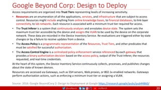 @arafkarsh arafkarsh
Google Beyond Corp: Design to Deploy
20
Source: 2016: Google BeyondCorp 2: Design to Deployment at Google https://research.google/pubs/pub44860/
Access requirements are organized into Trust Tiers representing levels of increasing sensitivity.
• Resources are an enumeration of all the applications, services, and infrastructure that are subject to access
control. Resources might include anything from online knowledge bases, to financial databases, to link-layer
connectivity, to lab networks. Each resource is associated with a minimum trust tier required for access.
• The Trust Inferer is a system that continuously analyses and annotates device state. The system sets the
maximum trust tier accessible by the device and assigns the VLAN to be used by the device on the corporate
network. These data are recorded in the Device Inventory Service. Re-evaluations are triggered either by state
changes or by a failure to receive updates from a device.
• The Access Policy is a programmatic representation of the Resources, Trust Tiers, and other predicates that
must be satisfied for successful authorization.
• The Access Control Engine is a centralized policy enforcement service referenced by each gateway that
provides a binary authorization decision based on the access policy, output of the Trust Inferer, the resources
requested, and real-time credentials.
At the heart of this system, the Device Inventory Service continuously collects, processes, and publishes changes
about the state of known devices.
Resources are accessed via Gateways, such as SSH servers, Web proxies, or 802.1x-enabled networks. Gateways
perform authorization actions, such as enforcing a minimum trust tier or assigning a VLAN.
 