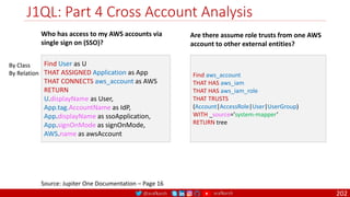 @arafkarsh arafkarsh
J1QL: Part 4 Cross Account Analysis
202
Source: Jupiter One Documentation – Page 16
Find User as U
THAT ASSIGNED Application as App
THAT CONNECTS aws_account as AWS
RETURN
U.displayName as User,
App.tag.AccountName as IdP,
App.displayName as ssoApplication,
App.signOnMode as signOnMode,
AWS.name as awsAccount
By Class
By Relation
Who has access to my AWS accounts via
single sign on (SSO)?
Find aws_account
THAT HAS aws_iam
THAT HAS aws_iam_role
THAT TRUSTS
(Account|AccessRole|User|UserGroup)
WITH _source='system-mapper’
RETURN tree
Are there assume role trusts from one AWS
account to other external entities?
 