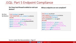 @arafkarsh arafkarsh
J1QL: Part 5 Endpoint Compliance
203
Source: Jupiter One Documentation – Page 17
Find HostAgent as agent
THAT MONITORS user_endpoint as device
REURN
device.displayName, device.platform,
device.osVersion, device.hardwareModel,
device.owner, agent.firewall,
agent.compliant, agent._type,
agent.displayName
By Class
By Relation
Do I have local firewall enabled on end-user
devices?
Find Person as person
THAT OWNS (Host|Device) as device
THAT MONITORS HostAgent
WITH compliant!=true as agent
RETURN
person.displayName, person.email,
device.displayName, device.platform,
device.osVersion, device.hardwareModel,
device.owner, agent.compliant,
agent._type, agent.displayName
Whose endpoints are non-compliant?
 