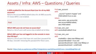 @arafkarsh arafkarsh
Assets / Infra: AWS – Questions / Queries
215
Is MFA enabled for the Account Root User for all my AWS
accounts?
Returns the accountMfaEnabled status for all AWS accounts.
'0' means MFA is not enabled.
Find aws_account
with
_source!='system-mapper' and
mfaEnabled=true as aws
return
aws.name, aws.accountId,
aws.accountMfaEnabled,
aws.mfaEnabled
Which IAM users do not have an access key?
Returns a list of users with access key enabled set to false.
Find aws_iam_user
with accessKeyEnabled!=true
Which IAM user has not logged in to the console in more
than 90 days?
Returns a list of users that have not used their password for
90 days. Consider removing the password for these users.
Find aws_iam_user
with
createdOn < date.now-90days and
passwordEnabled = true and
(passwordLastUsed < date.now-90days or
passwordLastUsed = undefined)
Source: https://ask.us.jupiterone.io/filter?integrations=aws%2Cazure%2Ccisco_meraki&tagFilter=all
Find
 