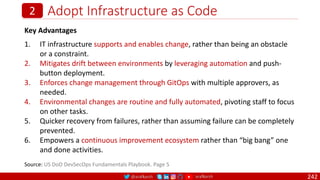 @arafkarsh arafkarsh
Adopt Infrastructure as Code
242
2
Key Advantages
1. IT infrastructure supports and enables change, rather than being an obstacle
or a constraint.
2. Mitigates drift between environments by leveraging automation and push-
button deployment.
3. Enforces change management through GitOps with multiple approvers, as
needed.
4. Environmental changes are routine and fully automated, pivoting staff to focus
on other tasks.
5. Quicker recovery from failures, rather than assuming failure can be completely
prevented.
6. Empowers a continuous improvement ecosystem rather than “big bang” one
and done activities.
Source: US DoD DevSecOps Fundamentals Playbook. Page 5
 