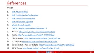@arafkarsh arafkarsh
References
271
DevOps
1. IBM: What is DevOps?
2. IBM: Cloud Native DevOps Explained
3. IBM: Application Transformation
4. IBM: Virtualization Explained
5. What is DevOps? Easy Way
6. DevOps?! How to become a DevOps Engineer???
7. Amazon: https://www.youtube.com/watch?v=mBU3AJ3j1rg
8. NetFlix: https://www.youtube.com/watch?v=UTKIT6STSVM
9. DevOps and SRE: https://www.youtube.com/watch?v=uTEL8Ff1Zvk
10. SLI, SLO, SLA : https://www.youtube.com/watch?v=tEylFyxbDLE
11. DevOps and SRE : Risks and Budgets : https://www.youtube.com/watch?v=y2ILKr8kCJU
12. SRE @ Google: https://www.youtube.com/watch?v=d2wn_E1jxn4
 