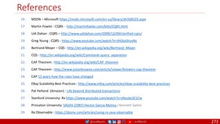 @arafkarsh arafkarsh
References
273
16. MSDN – Microsoft https://msdn.microsoft.com/en-us/library/dn568103.aspx
17. Martin Fowler : CQRS – http://martinfowler.com/bliki/CQRS.html
18. Udi Dahan : CQRS – http://www.udidahan.com/2009/12/09/clarified-cqrs/
19. Greg Young : CQRS - https://www.youtube.com/watch?v=JHGkaShoyNs
20. Bertrand Meyer – CQS - http://en.wikipedia.org/wiki/Bertrand_Meyer
21. CQS : http://en.wikipedia.org/wiki/Command–query_separation
22. CAP Theorem : http://en.wikipedia.org/wiki/CAP_theorem
23. CAP Theorem : http://www.julianbrowne.com/article/viewer/brewers-cap-theorem
24. CAP 12 years how the rules have changed
25. EBay Scalability Best Practices : http://www.infoq.com/articles/ebay-scalability-best-practices
26. Pat Helland (Amazon) : Life beyond distributed transactions
27. Stanford University: Rx https://www.youtube.com/watch?v=y9xudo3C1Cw
28. Princeton University: SAGAS (1987) Hector Garcia Molina / Kenneth Salem
29. Rx Observable : https://dzone.com/articles/using-rx-java-observable
 