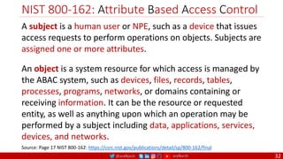 @arafkarsh arafkarsh
NIST 800-162: Attribute Based Access Control
32
A subject is a human user or NPE, such as a device that issues
access requests to perform operations on objects. Subjects are
assigned one or more attributes.
An object is a system resource for which access is managed by
the ABAC system, such as devices, files, records, tables,
processes, programs, networks, or domains containing or
receiving information. It can be the resource or requested
entity, as well as anything upon which an operation may be
performed by a subject including data, applications, services,
devices, and networks.
Source: Page 17 NIST 800-162: https://csrc.nist.gov/publications/detail/sp/800-162/final
 