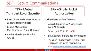 @arafkarsh arafkarsh
SDP – Secure Communications
44
mTLS – Mutual
Transport Layer Security
SPA – Single Packet
Authorization
• Both Client and Server need to
validate the certificate
• Expect Mutual Root
Certificates for Client & Server
• Avoids Man in the Middle
Attack
HOTP: An HMAC-Based One-Time Password Algorithm
Authenticate before Connect
• Default Policy in SDP Gateway is
Drop All Packets
• Based on RFC 4226: HOTP
• SPA happens before TLS Connection
• For Valid Connections Firewall rule
is created for mTLS connection
 