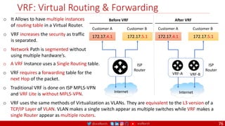 @arafkarsh arafkarsh
VRF: Virtual Routing & Forwarding
76
172.17.4.1 172.17.5.1
Internet
Customer A Customer B
Before VRF
ISP
Router
172.17.4.1 172.17.5.1
Internet
Customer A Customer B
After VRF
ISP
Router
VRF-A VRF-B
o It Allows to have multiple instances
of routing table in a Virtual Router.
o VRF increases the security as traffic
is separated.
o Network Path is segmented without
using multiple hardware’s.
o A VRF Instance uses a Single Routing table.
o VRF requires a forwarding table for the
next Hop of the packet.
o Traditional VRF is done on ISP MPLS-VPN
and VRF Lite is without MPLS-VPN.
o VRF uses the same methods of Virtualization as VLANs. They are equivalent to the L3 version of a
TCP/IP Layer of VLAN. VLAN makes a single switch appear as multiple switches while VRF makes a
single Router appear as multiple routers.
 