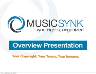 Overview Presentation
                   Your Copyright, Your Terms, Your Income.



Wednesday, September 26, 12                                   1
 