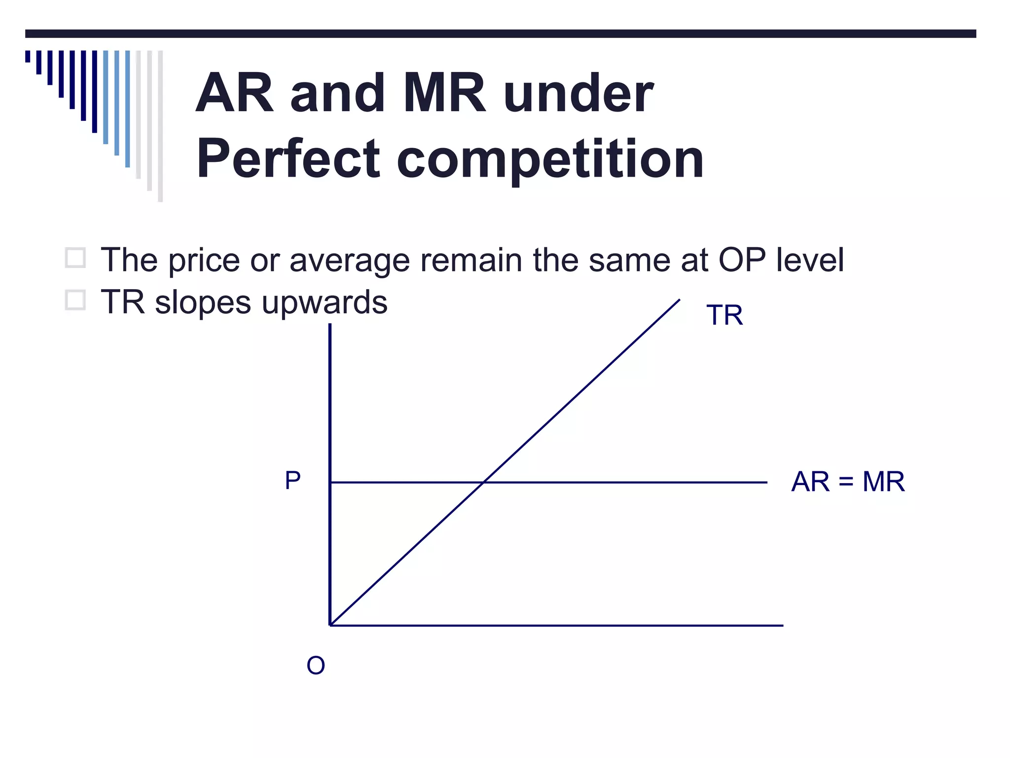 AR and MR under
Perfect competition
 The price or average remain the same at OP level
 TR slopes upwards
TR

AR = MR

P

O

 