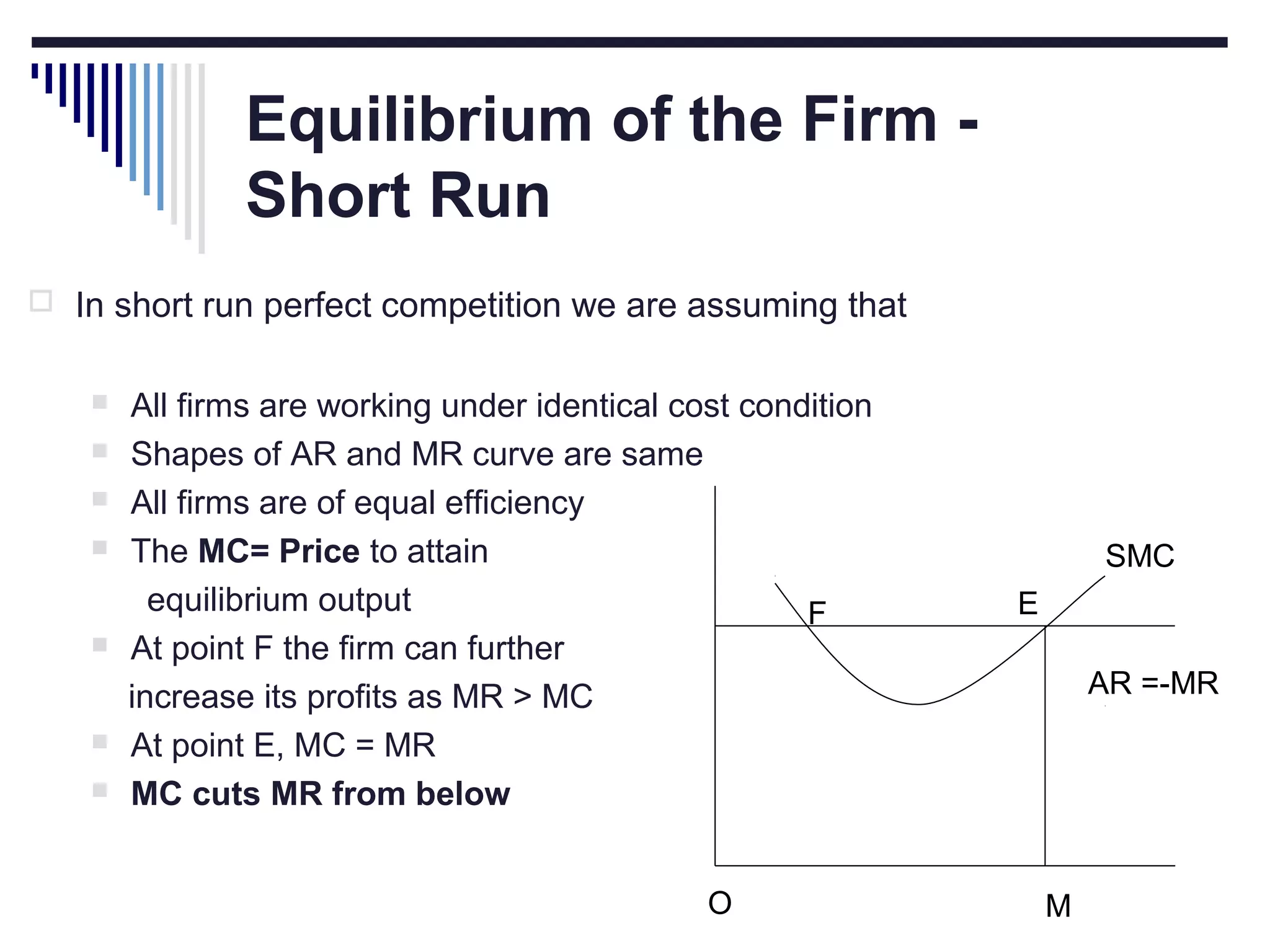 Equilibrium of the Firm Short Run
 In short run perfect competition we are assuming that










All firms are working under identical cost condition
Shapes of AR and MR curve are same
All firms are of equal efficiency
The MC= Price to attain
equilibrium output
F
At point F the firm can further
increase its profits as MR > MC
At point E, MC = MR
MC cuts MR from below
O

SMC
E
AR =-MR

M

 