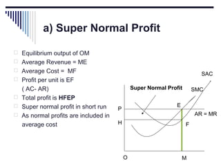 a) Super Normal Profit
 Equilibrium output of OM
 Average Revenue = ME
 Average Cost = MF

SAC

 Profit per unit is EF

( AC- AR)
 Total profit is HFEP
 Super normal profit in short run
 As normal profits are included in
average cost

Super Normal Profit

SMC

E

P

AR = MR

H

F

O

M

 