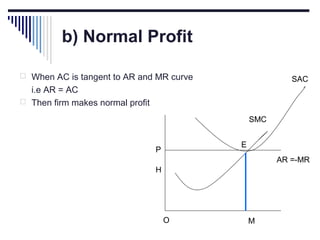 b) Normal Profit
 When AC is tangent to AR and MR curve

SAC

i.e AR = AC
 Then firm makes normal profit
SMC
E

P

AR =-MR
H

O

M

 