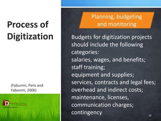 Process of Digitization 
14 
Planning, budgeting and monitoring 
Budgets for digitization projects should include the following categories: 
salaries, wages, and benefits; 
staff training; 
equipment and supplies; 
services, contracts and legal fees; overhead and indirect costs; maintenance, licenses, communication charges; contingency 
(Fabunmi, Paris and Fabunmi, 2006)  