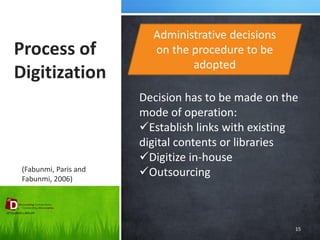 Process of Digitization 
15 
Administrative decisions on the procedure to be adopted 
Decision has to be made on the mode of operation: 
Establish links with existing digital contents or libraries 
Digitize in-house 
Outsourcing 
(Fabunmi, Paris and Fabunmi, 2006)  