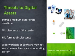 46 
Threats to Digital Assets (Beagrie, 2004; Rosenthal: 2005) Storage medium deteriorate overtime 
Obsolescence of the carrier 
File format obsolescence 
Older versions of software may not work on new hardware or operating system 
 