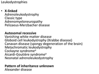 Leukodystrophies
• X-linked
Adrenoleukodystrophy
Classic type
Adrenomyeloneuropathy
Pelizaeus-Merzbacher disease
Autosomal recessive
Vanishing white matter disease
Globoid cell leukodystrophy (Krabbe disease)
Canavan disease (spongy degeneration of the brain)
Metachromatic leukodystrophy
Cockayne syndromea
Aicardi-Goutière syndromea
Neonatal adrenoleukodystrophy
Pattern of inheritance unknown
Alexander disease
 