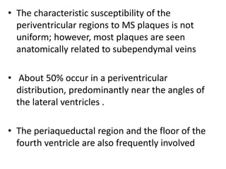 • The characteristic susceptibility of the
periventricular regions to MS plaques is not
uniform; however, most plaques are seen
anatomically related to subependymal veins
• About 50% occur in a periventricular
distribution, predominantly near the angles of
the lateral ventricles .
• The periaqueductal region and the floor of the
fourth ventricle are also frequently involved
 