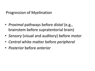 Progression of Myelination
• Proximal pathways before distal (e.g.,
brainstem before supratentorial brain)
• Sensory (visual and auditory) before motor
• Central white matter before peripheral
• Posterior before anterior
 