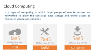 Cloud Computing
Is a type of computing in which large groups of remote servers are
networked to allow the centralize data storage and online access to
computer services or resources.
 