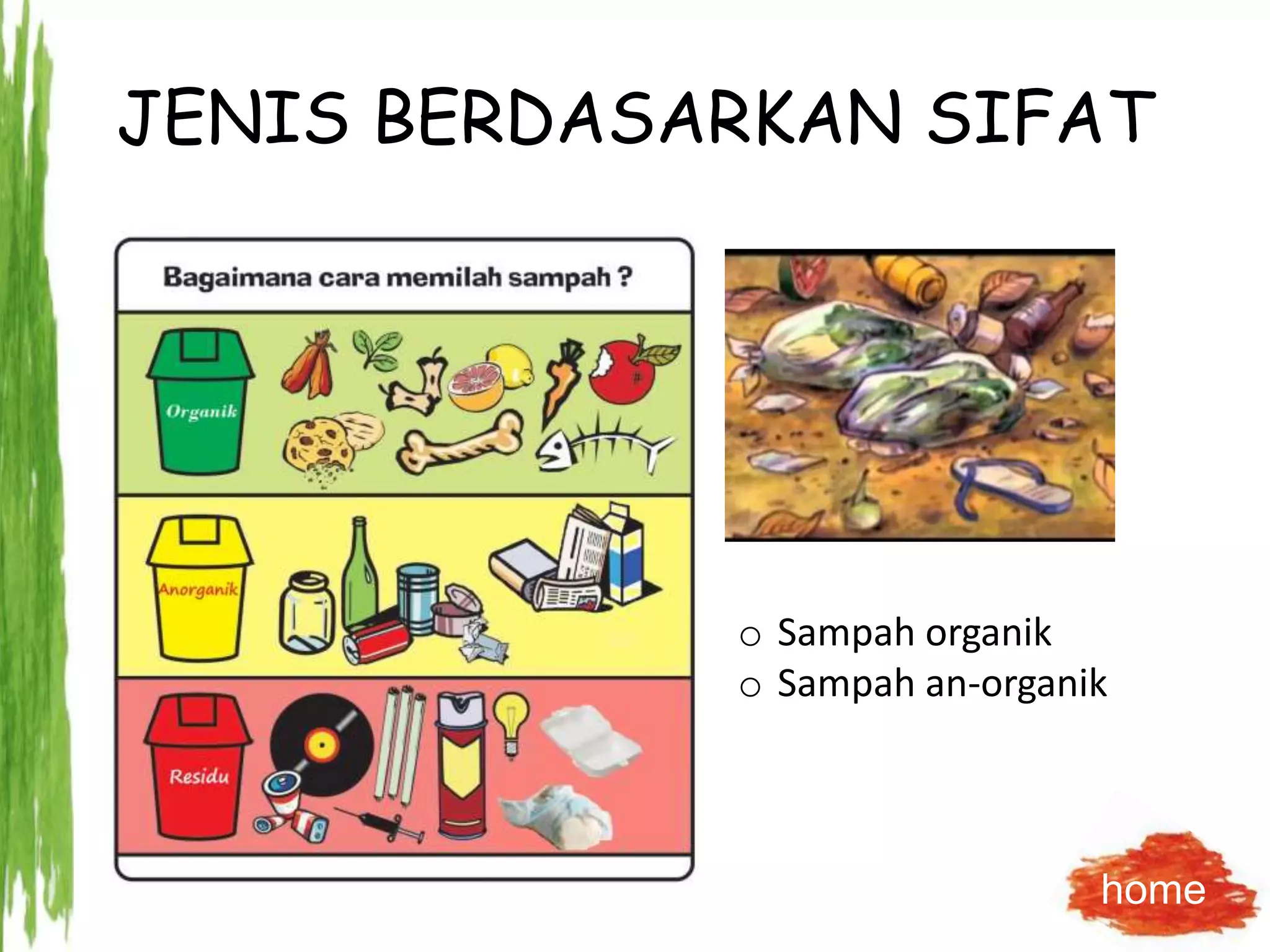 JENIS BERDASARKAN SIFAT
o Sampah organik
o Sampah an-organik
home
 