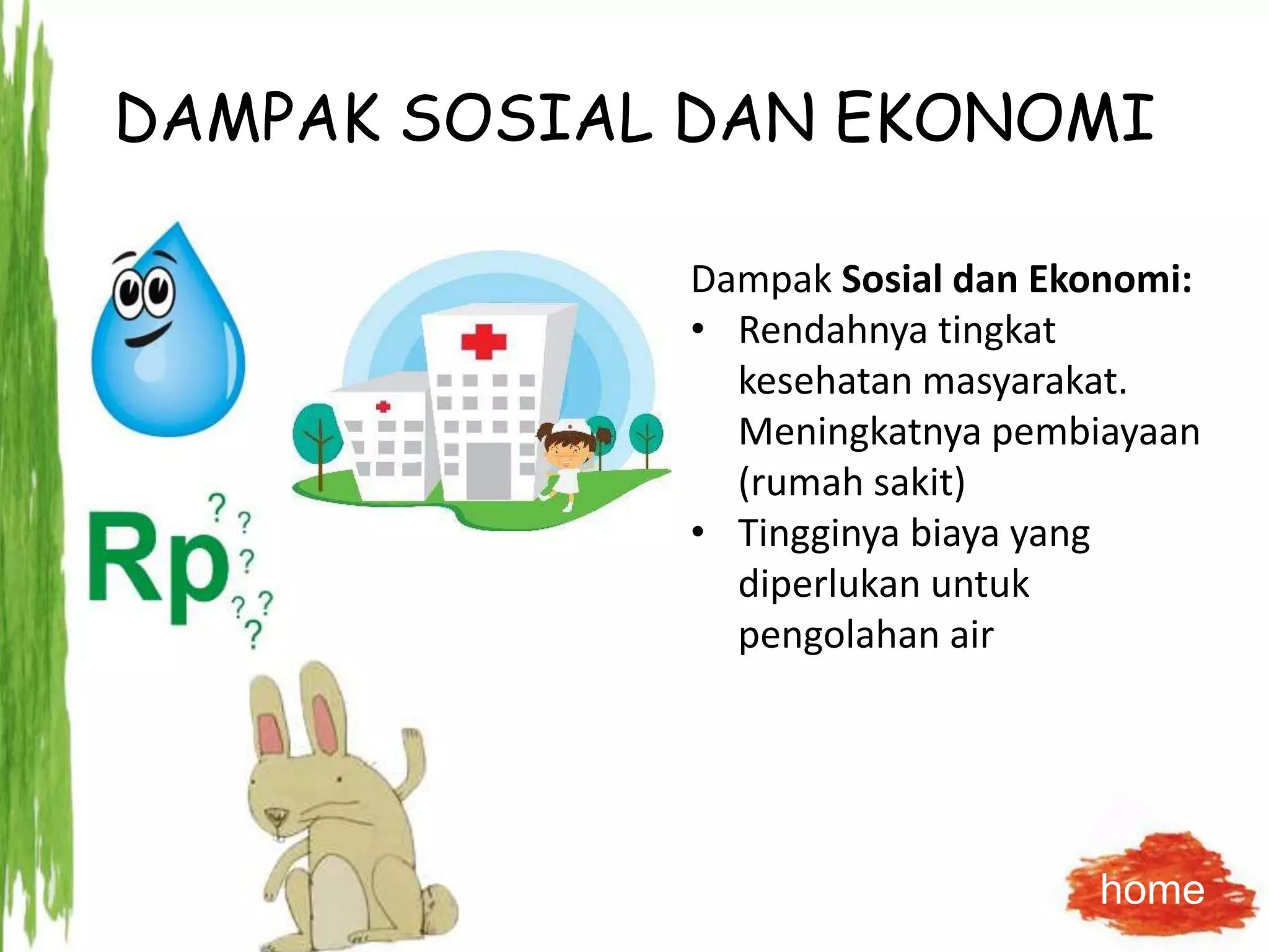 DAMPAK SOSIAL DAN EKONOMI
Dampak Sosial dan Ekonomi:
• Rendahnya tingkat
kesehatan masyarakat.
Meningkatnya pembiayaan
(rumah sakit)
• Tingginya biaya yang
diperlukan untuk
pengolahan air
home
 