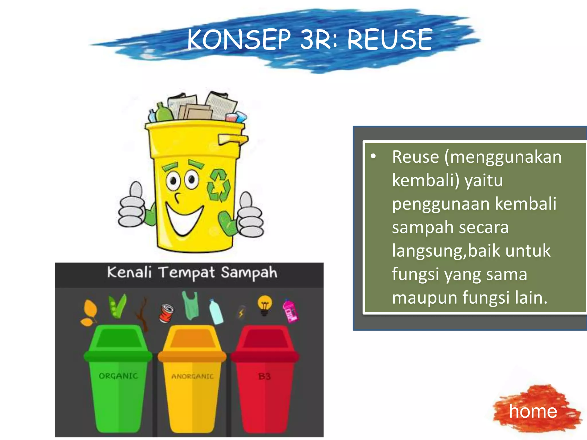 KONSEP 3R: REUSE
• Reuse (menggunakan
kembali) yaitu
penggunaan kembali
sampah secara
langsung,baik untuk
fungsi yang sama
maupun fungsi lain.
home
 