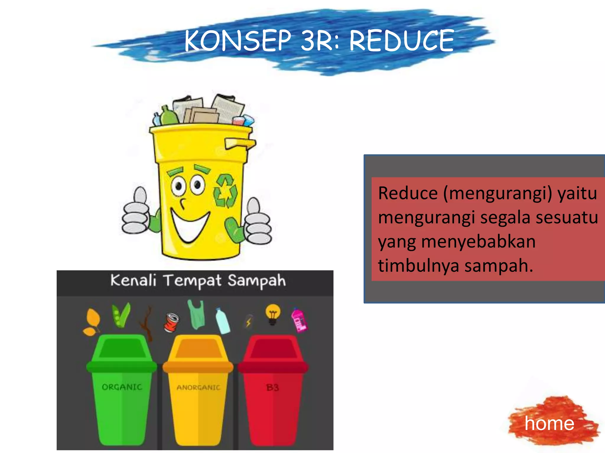 KONSEP 3R: REDUCE
Reduce (mengurangi) yaitu
mengurangi segala sesuatu
yang menyebabkan
timbulnya sampah.
home
 