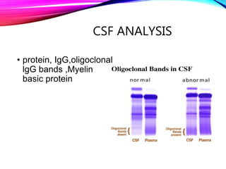 CSF ANALYSIS
• protein, IgG,oligoclonal
lgG bands ,Myelin
basic protein
 