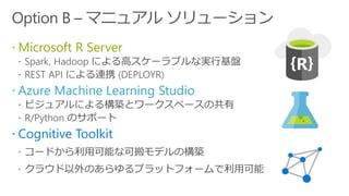  Microsoft R Server
 Azure Machine Learning Studio
 Cognitive Toolkit
 