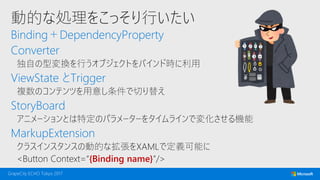 動的な処理をこっそり行いたい
Binding＋DependencyProperty
Converter
独自の型変換を行うオブジェクトをバインド時に利用
ViewState とTrigger
複数のコンテンツを用意し条件で切り替え
StoryBoard
アニメーションとは特定のパラメーターをタイムラインで変化させる機能
MarkupExtension
クラスインスタンスの動的な拡張をXAMLで定義可能に
<Button Context=“{Binding name}”/>
 