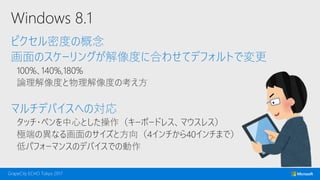 Windows 8.1
ピクセル密度の概念
画面のスケーリングが解像度に合わせてデフォルトで変更
100%､140%,180%
論理解像度と物理解像度の考え方
マルチデバイスへの対応
タッチ・ペンを中心とした操作（キーボードレス、マウスレス）
極端の異なる画面のサイズと方向（4インチから40インチまで）
低パフォーマンスのデバイスでの動作
 