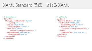 XAML Standard で統一される XAML
<!– Xamarin.Forms -->
<ContentView>
<StackLayout StackOrientation=“Vertical”
Spacing=“5”>
<Label Text=“Hello World!”
HorizontalOptions=“Center” />
<Button Text=“Click me!”
Command=“{Binding ClickCommand}” />
<Entry Placeholder=“Enter some text”
PlaceholderColor=“Blue” />
</StackLayout>
</ContentView>
<!-- UWP XAML -->
<UserControl>
<StackPanel Orientation=“Vertical”>
<TextBlock Text=“Hello World!”
HorizontalAlignment=“Center” />
<Button Content=“Click me!”
Command=“{Binding ClickCommand}” />
<TextBox
PlaceholderText=“Enter some text” />
</StackPanel>
</UserControl>
 