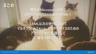 まとめ
現在のMicrosoft の中で
2DアプリのUIはXAMLとHTMLへ
XAMLは次の世代にむけて
マルチプラットフォーム・マルチデバイスのための
アプリのための言語として
進化を続けます
 