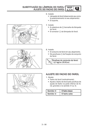 INSPINSPINSPINSPINSP
AJUSAJUSAJUSAJUSAJUS
3 – 56
SUBSSUBSSUBSSUBSSUBSTITUIÇÃO DTITUIÇÃO DTITUIÇÃO DTITUIÇÃO DTITUIÇÃO DA LÂMPA LÂMPA LÂMPA LÂMPA LÂMPADADADADADA DO FA DO FA DO FA DO FA DO FAROL/AROL/AROL/AROL/AROL/
AJUSAJUSAJUSAJUSAJUSTE DO FTE DO FTE DO FTE DO FTE DO FAAAAACHO DO FCHO DO FCHO DO FCHO DO FCHO DO FAROLAROLAROLAROLAROL
6. Instale:
• Lâmpada do farol (observando seu corre-
to posicionamento no seu alojamento).
• O suporte.
7. Instale:
• A cobertura de 2 borracha da lâmpada
do farol.
• O conector 1 da lâmpada do farol.
8. Instale:
• O consumo do farol em seu alojamento.
• Os parafusos 1 de fixação do conjunto
do farol.
AJUSAJUSAJUSAJUSAJUSTE DO FTE DO FTE DO FTE DO FTE DO FAAAAACHO DO FCHO DO FCHO DO FCHO DO FCHO DO FAROLAROLAROLAROLAROL
1. Ajuste:
• Facho do farol (verticalmente).
• Ajuste o facho do farol pelo parafuso de
ajuste do facho na parte inferior do fa-
rol, girando-o no sentido a ou b.
SSSSSentidoentidoentidoentidoentido a O facO facO facO facO facho desceho desceho desceho desceho desce
SSSSSentidoentidoentidoentidoentido b O facO facO facO facO facho sobeho sobeho sobeho sobeho sobe
PPPPParafuso do conjunto do farol:arafuso do conjunto do farol:arafuso do conjunto do farol:arafuso do conjunto do farol:arafuso do conjunto do farol:
0,7 k0,7 k0,7 k0,7 k0,7 kgfgfgfgfgf.m (70 N.m).m (70 N.m).m (70 N.m).m (70 N.m).m (70 N.m)
 