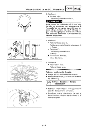 CHACHACHACHACHASSSSS
4 – 4
RODRODRODRODRODA E DISCO DE FREIO DIANA E DISCO DE FREIO DIANA E DISCO DE FREIO DIANA E DISCO DE FREIO DIANA E DISCO DE FREIO DIANTEIROSTEIROSTEIROSTEIROSTEIROS
6. Verifique:
• Aros de roda.
Danos/desgaste Substituir.
Após montar um noApós montar um noApós montar um noApós montar um noApós montar um novvvvvo pneu, dirija com mo-o pneu, dirija com mo-o pneu, dirija com mo-o pneu, dirija com mo-o pneu, dirija com mo-
deração por um tempo para se acostumar àderação por um tempo para se acostumar àderação por um tempo para se acostumar àderação por um tempo para se acostumar àderação por um tempo para se acostumar à
"sensação" do no"sensação" do no"sensação" do no"sensação" do no"sensação" do novvvvvo pneu e permitir que as-o pneu e permitir que as-o pneu e permitir que as-o pneu e permitir que as-o pneu e permitir que as-
sente adequadamente no aro.sente adequadamente no aro.sente adequadamente no aro.sente adequadamente no aro.sente adequadamente no aro. A falha ao se-A falha ao se-A falha ao se-A falha ao se-A falha ao se-
guir essa instrução pode levar a um acidenteguir essa instrução pode levar a um acidenteguir essa instrução pode levar a um acidenteguir essa instrução pode levar a um acidenteguir essa instrução pode levar a um acidente
com possíveis ferimentos ao motociclista oucom possíveis ferimentos ao motociclista oucom possíveis ferimentos ao motociclista oucom possíveis ferimentos ao motociclista oucom possíveis ferimentos ao motociclista ou
danos à motocicleta.danos à motocicleta.danos à motocicleta.danos à motocicleta.danos à motocicleta.
7. Verifique:
• Rolamento da roda 1.
Ruídos anormais/folga/giro irregular
Trocar.
• Retentor 2.
Danos/desgaste Trocar.
a Folga.
• Planicidade do cubo.
(Base do disco).
8. Substitua:
• Retentor de óleo.
Rolamento da roda.
*****************************************************************************************************************************************************************************************
RRRRRetentor e rolamento de rodaetentor e rolamento de rodaetentor e rolamento de rodaetentor e rolamento de rodaetentor e rolamento de roda.
• Limpe o cubo da roda externamente.
• Remova o retentor 1, usando um extrator
de retentor 2.
Extrator do retentor da rodaExtrator do retentor da rodaExtrator do retentor da rodaExtrator do retentor da rodaExtrator do retentor da roda
90890-028090890-028090890-028090890-028090890-028011111
• Retire os rolamentos da roda 3 com um
sacador de rolamento universal.
• Instale os novos rolamentos da roda e
retentores de óleo na ordem inversa à
desmontagem.
 